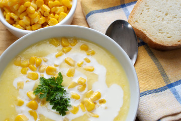 
Sweet corn soup in a white bowl
