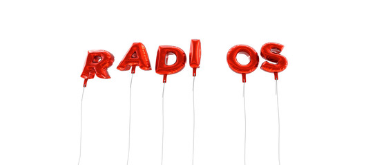 RADIOS - word made from red foil balloons - 3D rendered.  Can be used for an online banner ad or a print postcard.