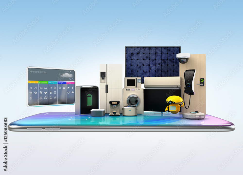 Aufkleber smart appliances on a smart phone. concept for home automation. 3d rendering image.