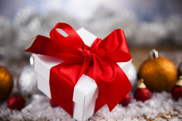 Gift box with red ribbon, Holiday Christmas background