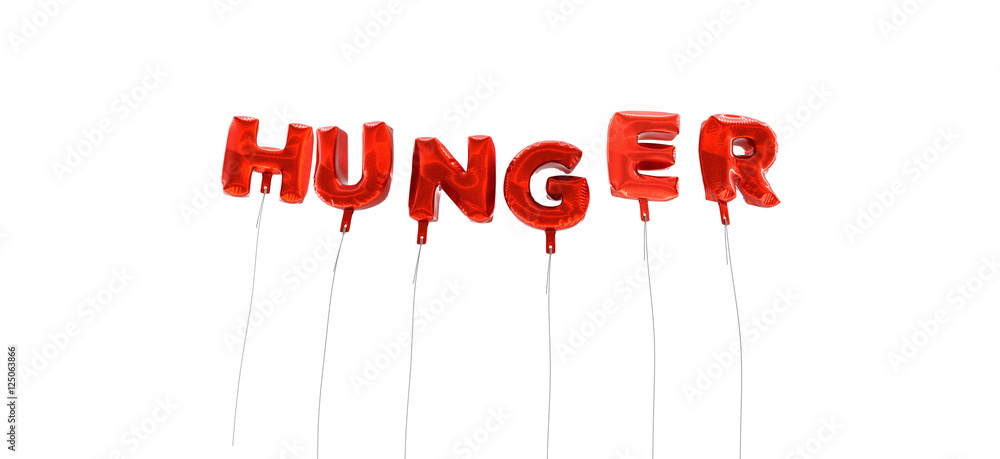 Fototapete hunger - word made from red foil balloons - 3d rendered. can be used for an online banner ad or a pr