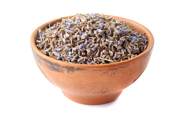 Ceramic bowl of lavander on white