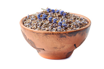 Ceramic bowl of lavander on white