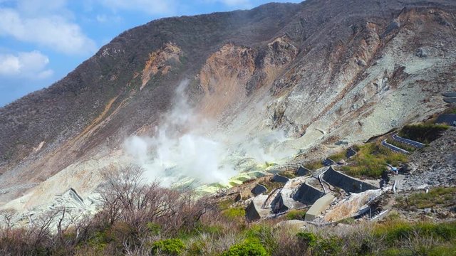 Active sulphur vents of Owakudani, Japan. Owakudani valley is a volcanic valley with active sulphur vents and hot springs. It is popular tourist attraction area in Fuji volcanic zone