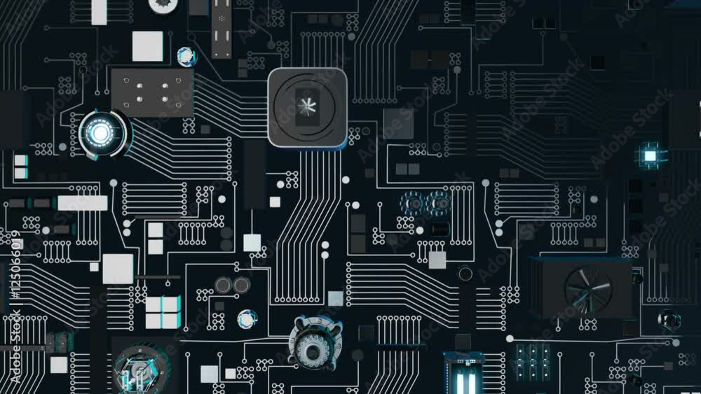 Poster seamless looping 3d animation of a technology concept with a dark futuristic circuit board