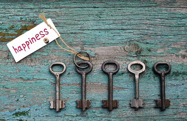 Key to happiness among other ones on vintage wooden background