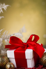 Gift box with red ribbon, Holiday Christmas background