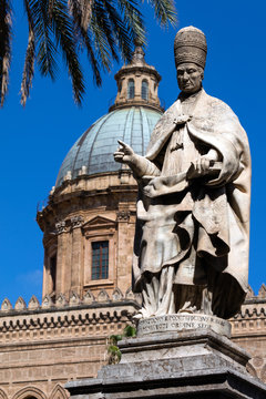 Statue of Pope Sergius in front of the Palermo Cathedral in Palermo, Sicily