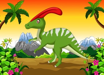 Fototapeta premium Dinosaur Parasaurolophus cartoon in the jungle