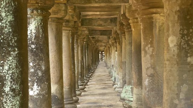 Zoom Out of Long Hallway - Temple Ruins Angkor Wat Temple