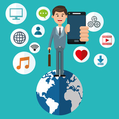 Fototapeta na wymiar Man cartoon with smartphone planet and icon set. Mobile people theme. Colorful design. Vector illustration
