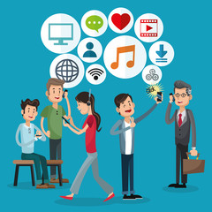 cartoons with smartphones and icon set. Mobile people theme. Colorful design. Vector illustration