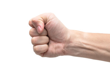 Fist, hand of male in isolated white background.