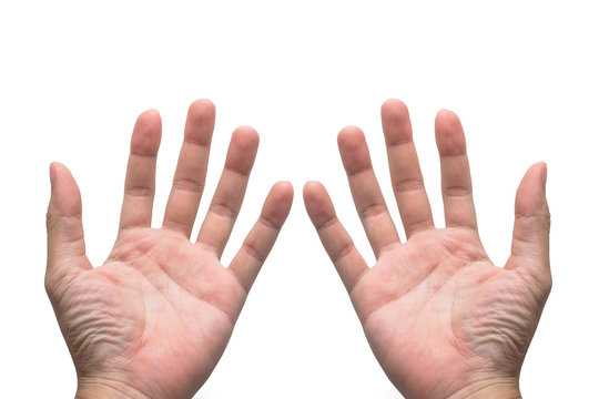 Close up Bare hands of male in isolated white background.