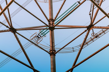 High voltage power tower beautiful scenery at dusk