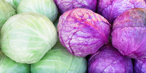 Fototapeta na wymiar Green and purple cabbages displayed at a farmers market. Close up