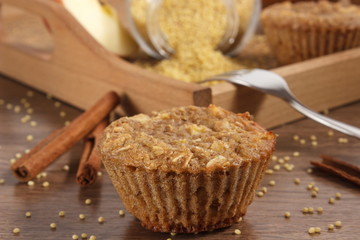 Fresh muffin with millet groats, cinnamon and apple baked with wholemeal flour, delicious healthy dessert