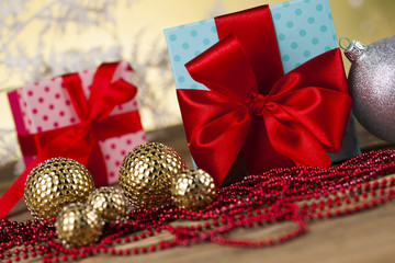 Christmas balls, Gift box with red ribbon, Holiday background