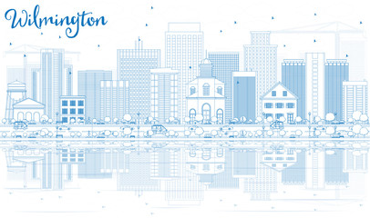 Outline Wilmington Skyline with Blue Buildings and Reflections.