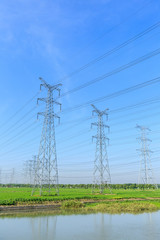 High voltage power tower scenery during the day