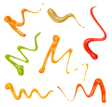 Fototapeta Close up of ketchup and sauce decor set on white background