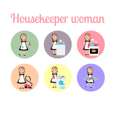 Housekeeper woman make housework. Circle icons vector set