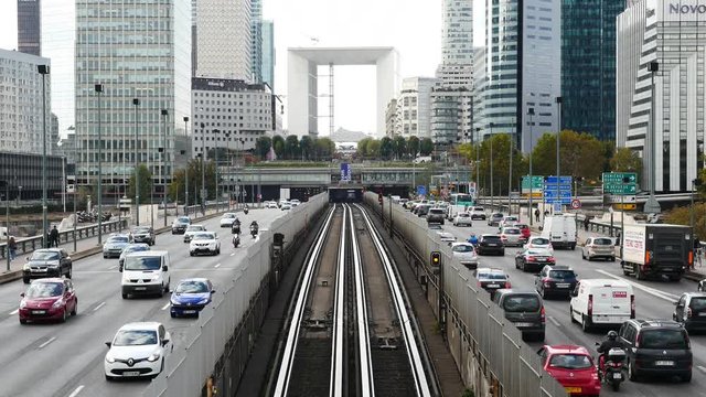 Time Lapse Zoom of Rail & Street Traffic at La Defense  - Paris France