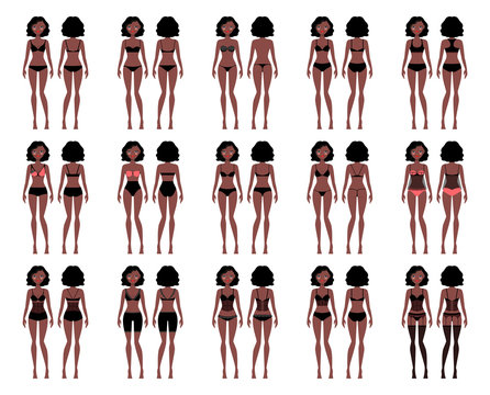 Types of woman underwear. Pretty African American girl in bra and panties vector illustration