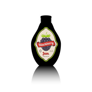 Black bottle silhouette with reflection and vintage fruit label. Blackberry jam vector icon