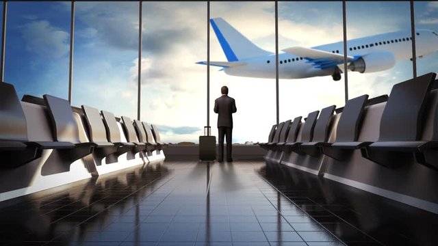  Businessman in flight waiting hall. Departure airplane in blue sky. moving camera.