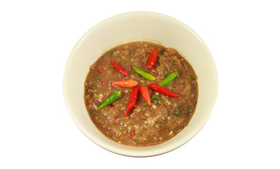 Spicy Chili Paste (Nam Prik) with vegetables, thai cuisine isolated on white background