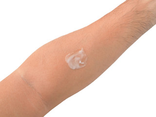 Cosmetic or lotion test on arm to prevent allergic. First thing