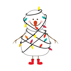 happy snowman with christmas lights cartoon icon image vector illustration design 