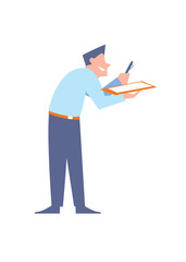 Smiling office clerk giving pen and clipboard for signature, isolated vector illustration on white background. Office life. Modern business people. Human resource.