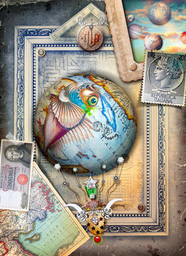 Fototapeta Gothic frame window with old map,dove and vintage stamps