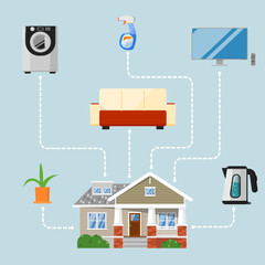 Home improvement concept with household appliances, new furniture and design elements. Home renovation vector illustration. Buying new vacation home. House remodeling. Creating comfort and coziness