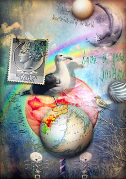 Magic night with dove,rainbow and moon