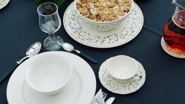 Beautifully served table with breakfast. Buffet served on the terrace.