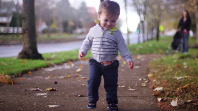 Adorable little boy walking in a park on a fall day