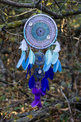 Dreamcatcher made of feathers, leather, beads, and ropes