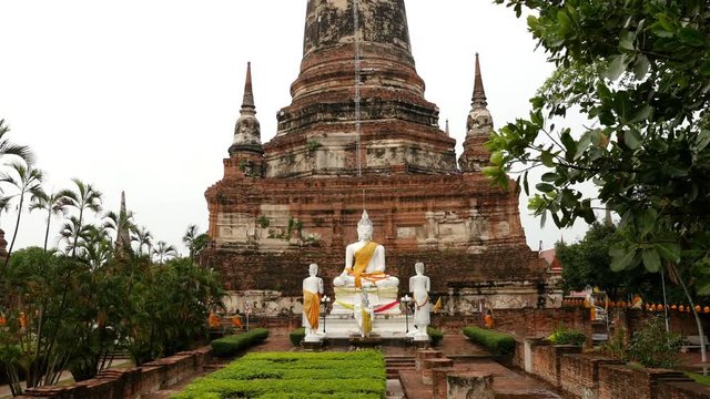 Pan Up of Statue of Buddha to Temple Top - Thailand