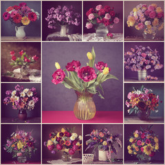 Collage from still lifes with bouquets. Vintage filter. © MaskaRad