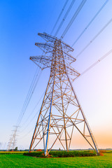High voltage power tower beautiful scenery at dusk