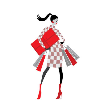 vector illustration of fashion girls with shopping bags , Christmas sale