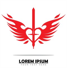 white heart, red sword, wings and flame. Isolated on white background.