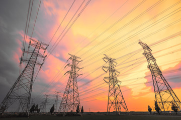 High voltage power tower beautiful scenery at dusk