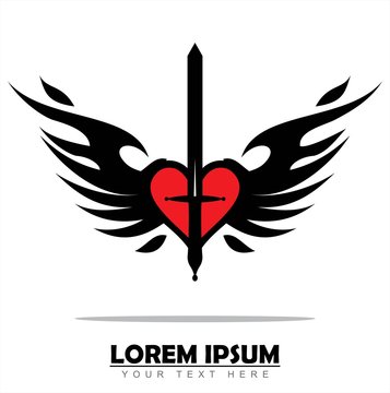 red heart, black sword, wings and flame. Isolated on white background