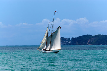 Fototapeta na wymiar Sailing ship with two masts in the Gulf of La Spezia, Liguria, Italy