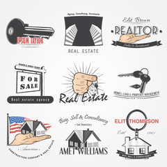 Real estate agency set. Buy, Sell and Consultancy. Detailed elements. Old retro vintage grunge. Scratched, damaged, dirty effect. Typographic labels, stickers, logos and badges.