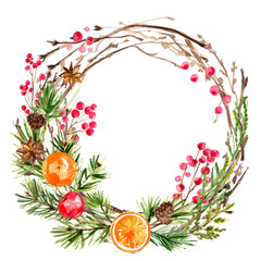 Christmas ornaments from the branches painted with watercolors on white background. Branches of trees. Holly sprigs with red berries.